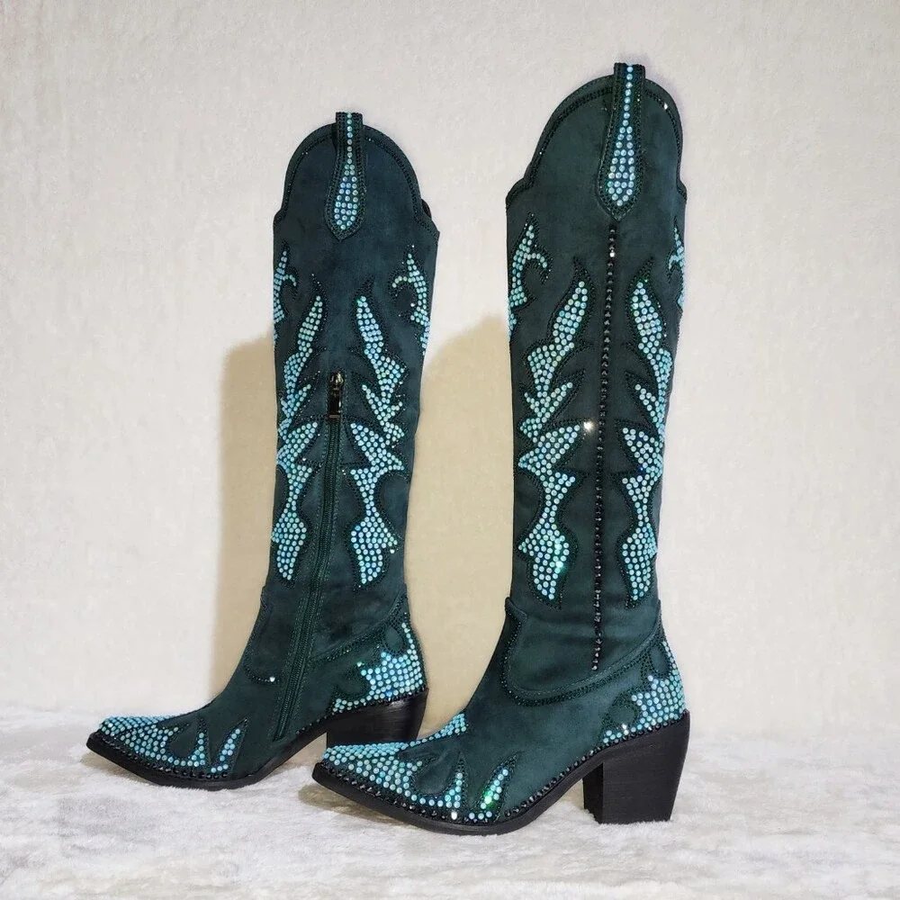 NIB Sparks Country Western Cowgirl Knee Boots Dazzleing Iridescent Rhinestones - Picture 3 of 16